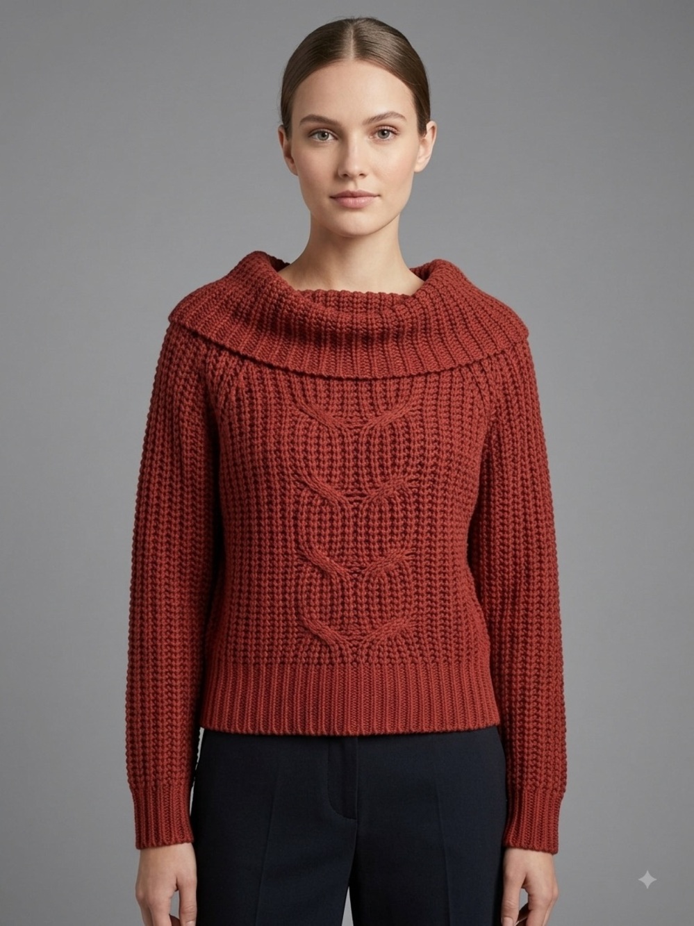 Derek Heart Off-Shoulder Cable Knit Sweater - Rust Red size XL